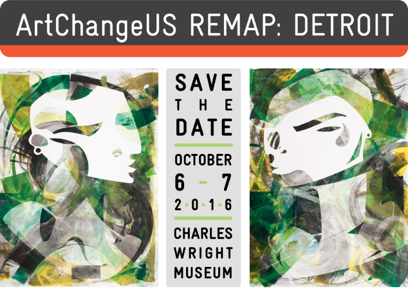 Save the date flier for ArtChangeUS REMAP: DETROIT, with abstracted portraits made of shite, black, green, and yellow fragments