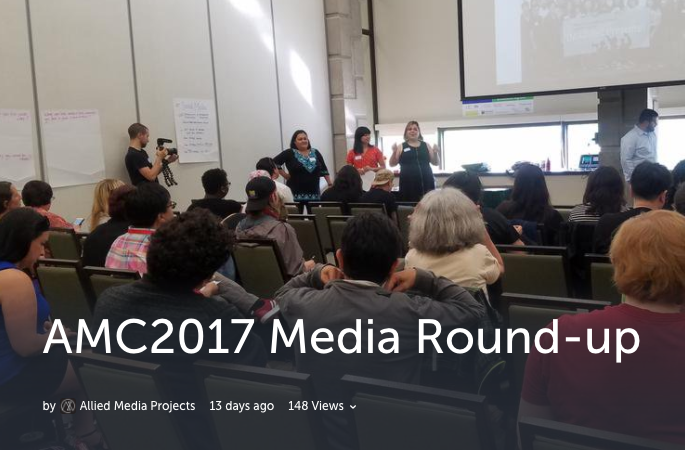 Media round up presentation at the 2017 AMC of the with three speakers infront of a small audience, overlaid with the text "AMC2017 Media Round-Up"