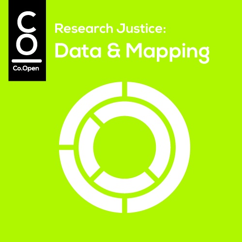 Abstract donut chart icon with the text "Research Justice: Data & Mapping"