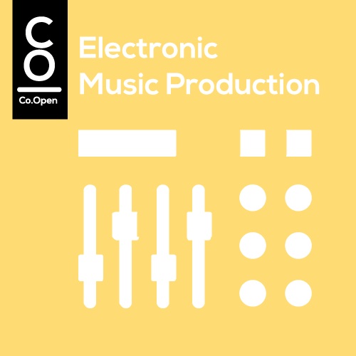 Abstracted sound board graphic with the text "Electronic Music Production"