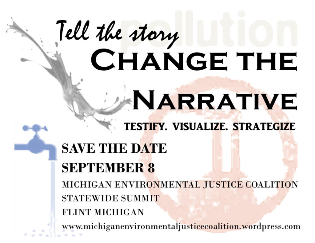 Flyer for the 2018 MEJC Statewide Summit with the headline text "Tell the story" "Change the Narrative" "Testify. Visualize. Strategize."
