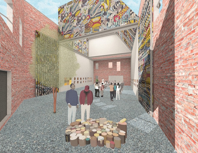 Architectural rendering of the future Dabls Mbad Bead Museum with an open roof between brick walls, people standing with art on walls and African painting on metal slats