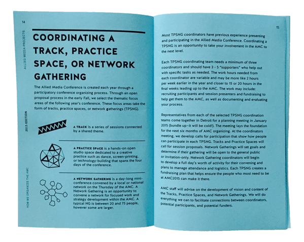 Interior spread of the AMC zine showing information about "Coordinating a track, practice space, or network gathering."